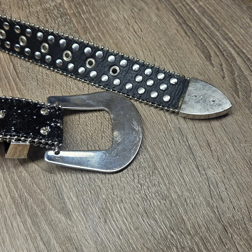 Black Rhinestone Western Belt Silver Studded Glitter Strap Crystal Buckle Sz 32